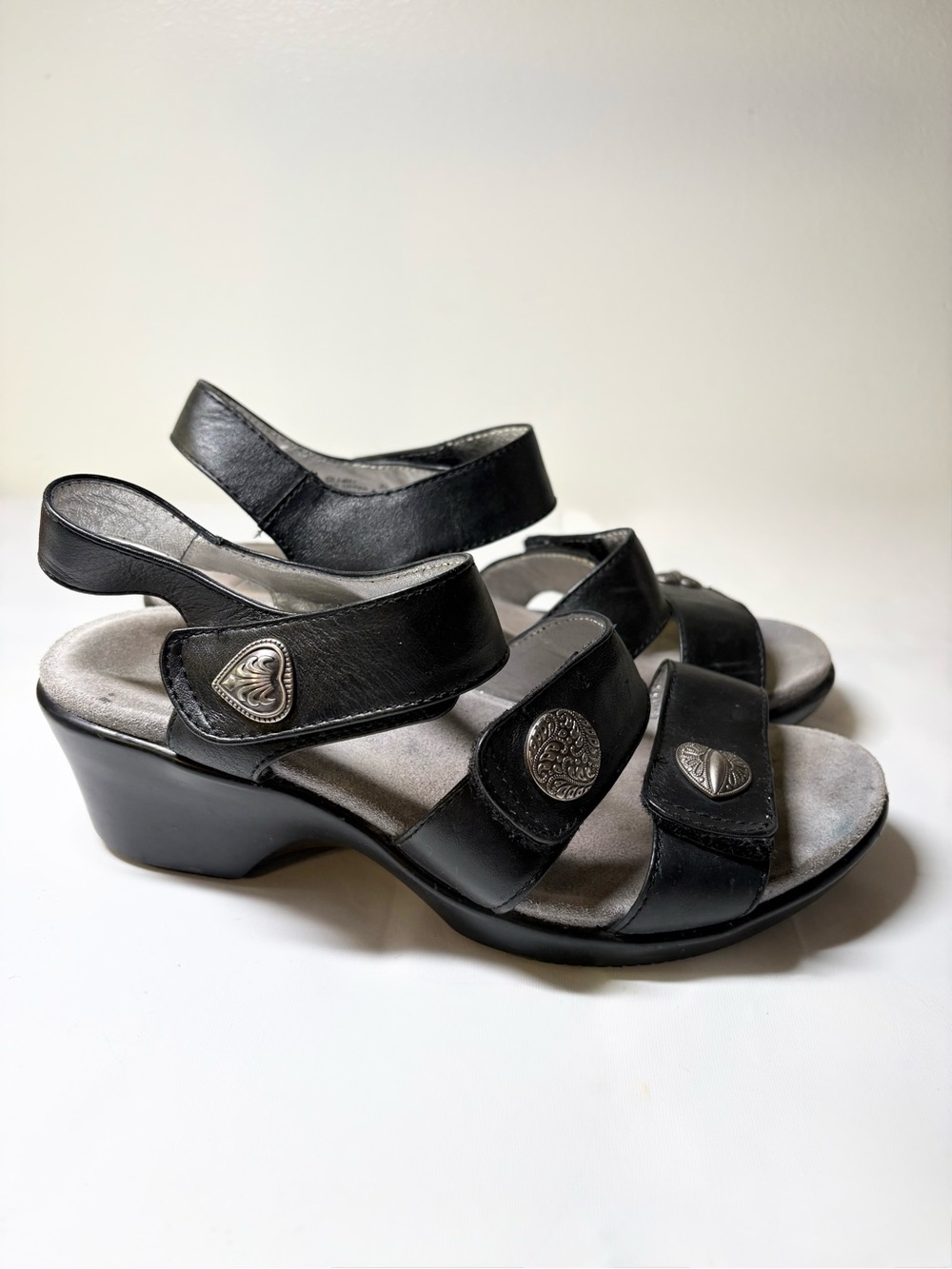 Alegria by PG Lite Adjustable Strap Black Leather Wedges Sandals Women’s EU 37